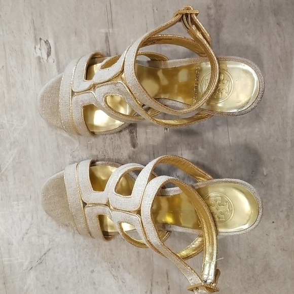 💕TORY BURCH💕 Leather Cage Sandal Heels ~ Open Toe Canvas & Gold 7.5 - Picture 3 of 14
